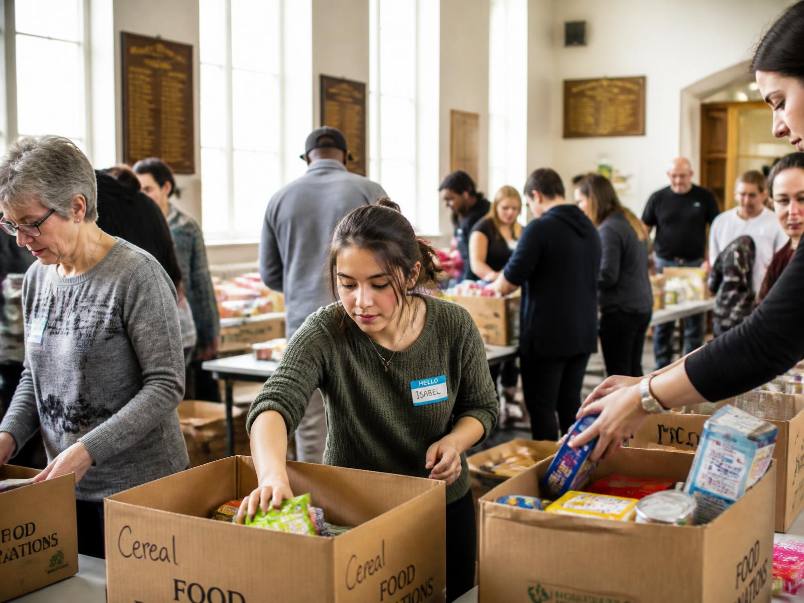 Volunteers packing donations in a community hall