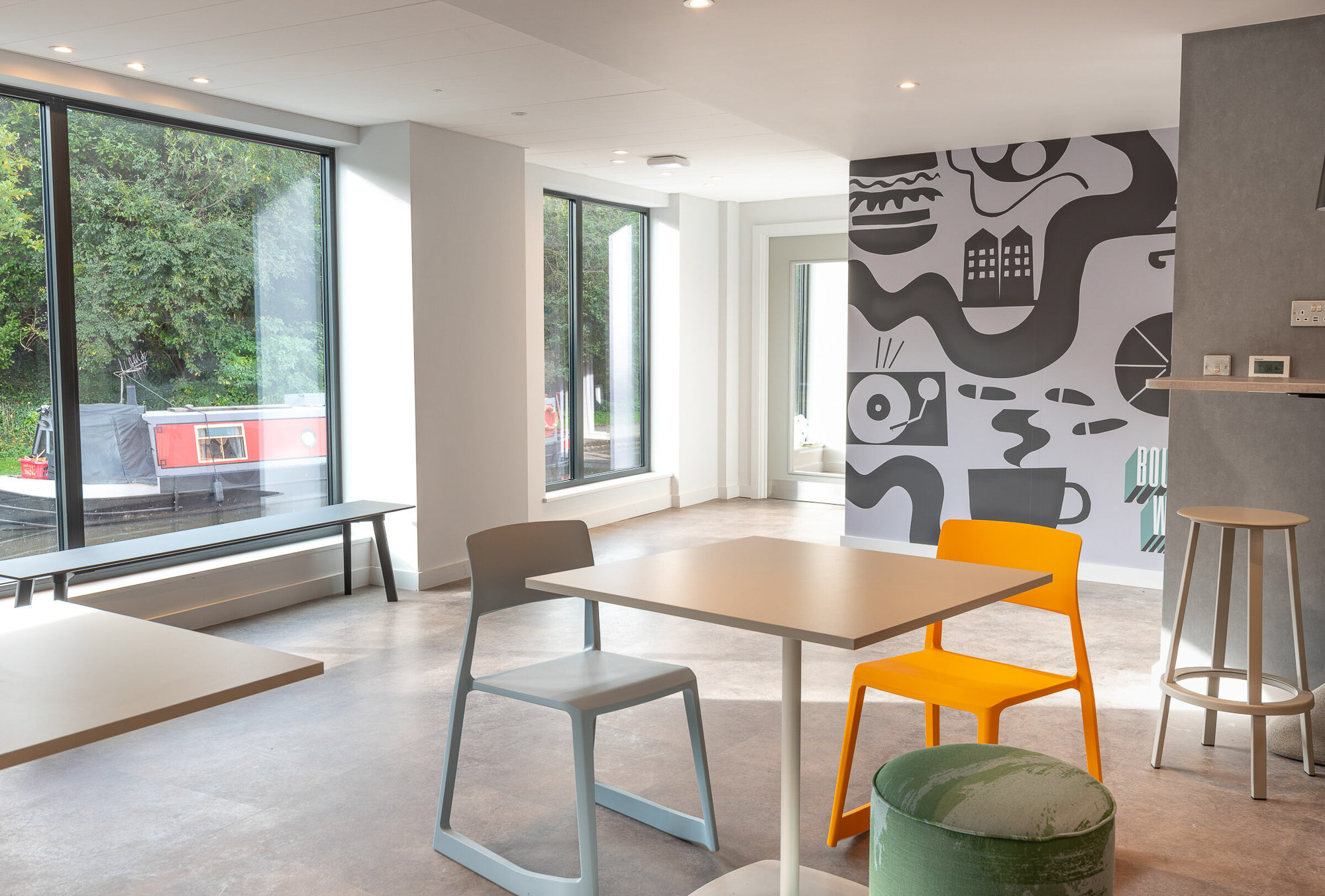Interior of the communal café space at Boulevard Wharf, Nottingham