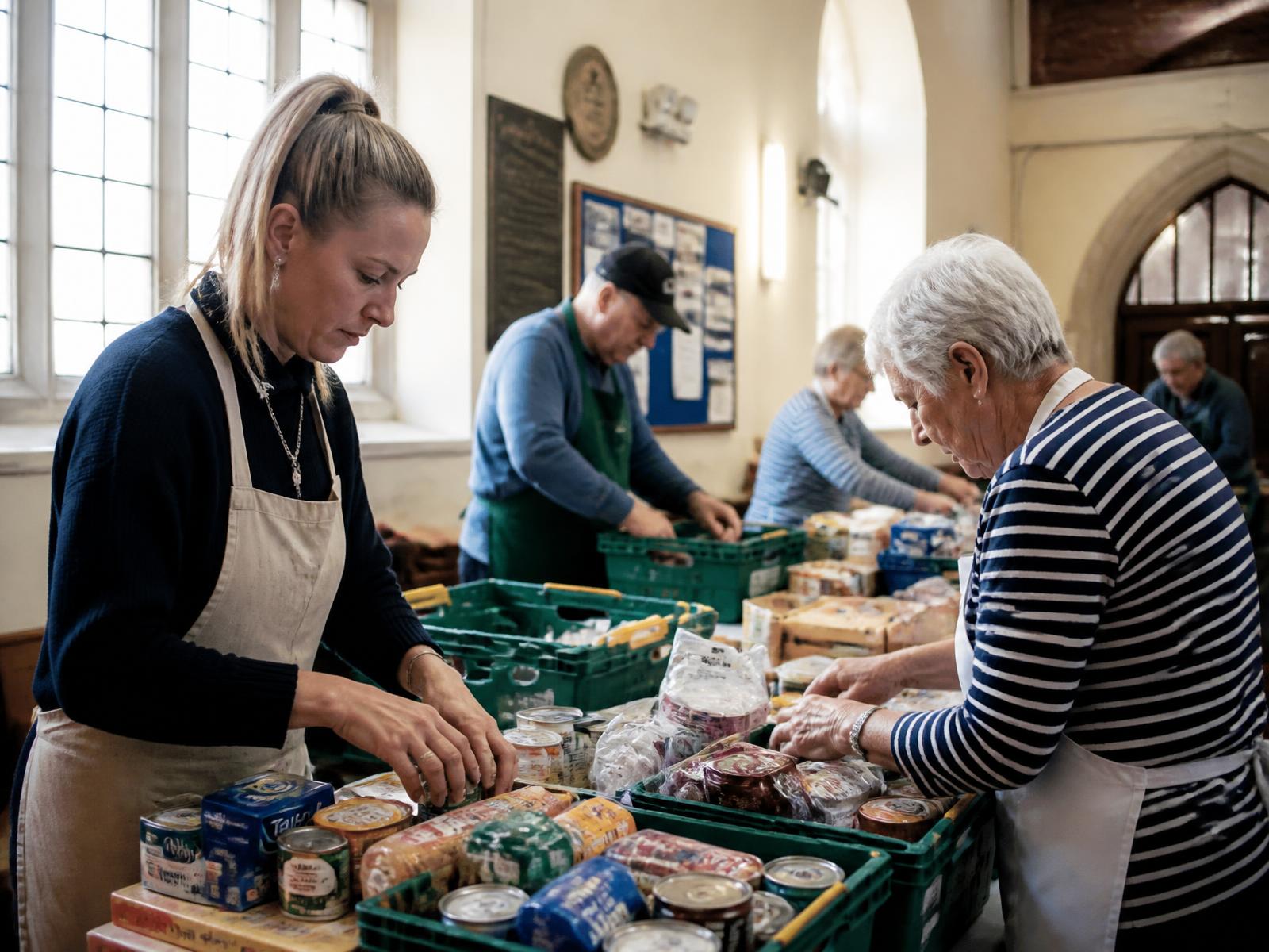 Volunteers sorting donated food into crates in a community hall